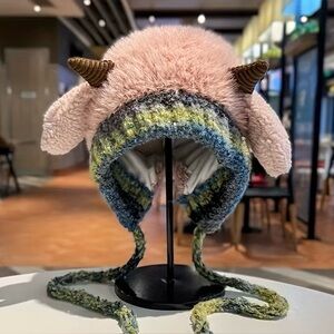 Cozy Pink Furry Sheep Ear Hat with Horns